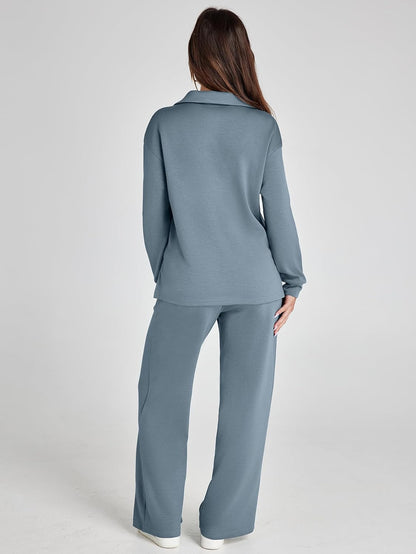 Glamaker - Conjunto de 2 piezas para mujer, estilo casual, manga larga, sudadera tipo polo y pantalones anchos a juego