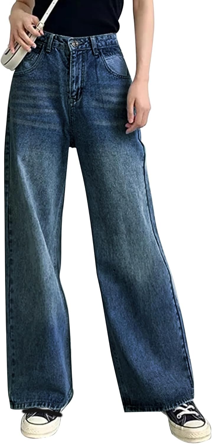 HDLTE Pantalones de Mezclilla Rasgados para Mujer, Pantalones de Mezclilla Holgados de Cintura Alta, Pantalones Rectos de Pierna Ancha, Pantalones de Calle Y2k
