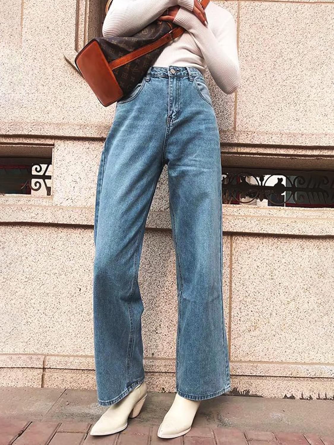 HDLTE Pantalones de Mezclilla Rasgados para Mujer, Pantalones de Mezclilla Holgados de Cintura Alta, Pantalones Rectos de Pierna Ancha, Pantalones de Calle Y2k