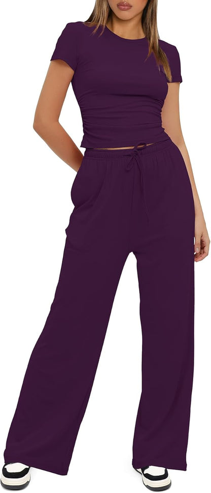 Darong - Conjunto de 2 piezas para mujer, conjuntos de pijama de manga corta fruncida y pantalones de pierna ancha de cintura alta