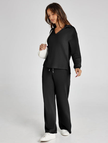Glamaker - Conjunto de 2 piezas para mujer, estilo casual, manga larga, sudadera tipo polo y pantalones anchos a juego
