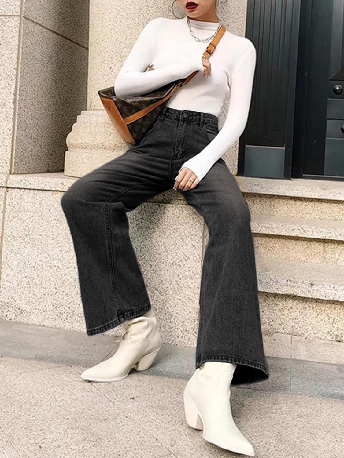 HDLTE Pantalones de Mezclilla Rasgados para Mujer, Pantalones de Mezclilla Holgados de Cintura Alta, Pantalones Rectos de Pierna Ancha, Pantalones de Calle Y2k
