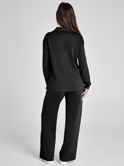 Glamaker - Conjunto de 2 piezas para mujer, estilo casual, manga larga, sudadera tipo polo y pantalones anchos a juego