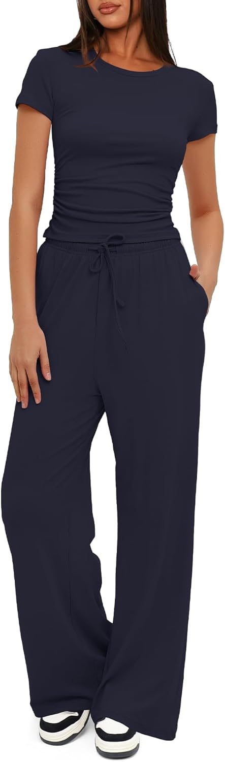 Darong - Conjunto de 2 piezas para mujer, conjuntos de pijama de manga corta fruncida y pantalones de pierna ancha de cintura alta