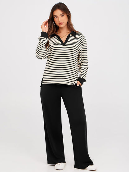 Glamaker - Conjunto de 2 piezas para mujer, estilo casual, manga larga, sudadera tipo polo y pantalones anchos a juego