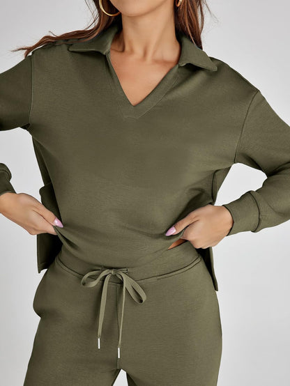 Glamaker - Conjunto de 2 piezas para mujer, estilo casual, manga larga, sudadera tipo polo y pantalones anchos a juego