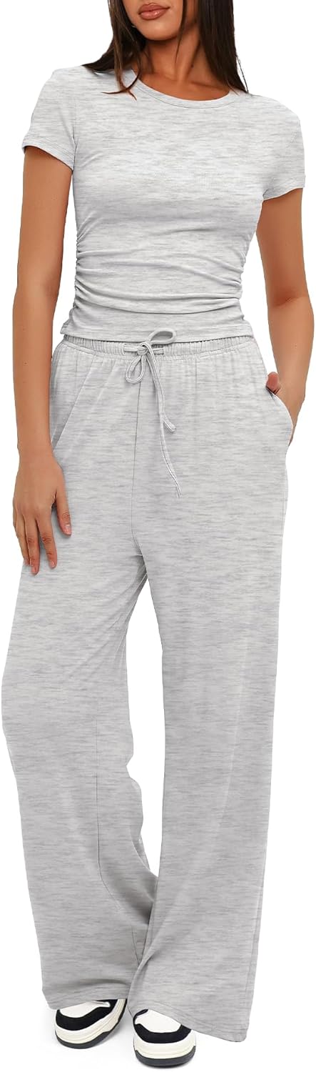 Darong - Conjunto de 2 piezas para mujer, conjuntos de pijama de manga corta fruncida y pantalones de pierna ancha de cintura alta