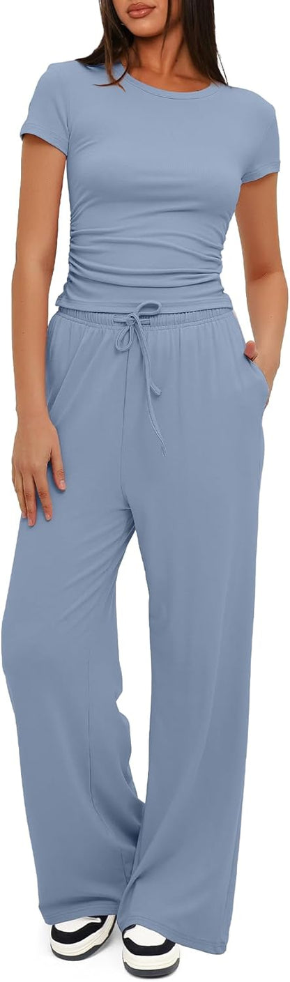 Darong - Conjunto de 2 piezas para mujer, conjuntos de pijama de manga corta fruncida y pantalones de pierna ancha de cintura alta
