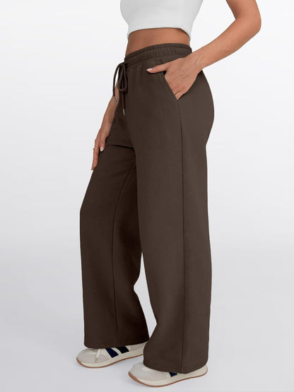 Trendy Queen - Pantalones deportivos de pierna ancha para mujer, pantalones holgados de cintura alta, con cordón, atléticos, acampanados, con bolsillos