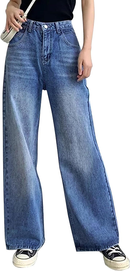 HDLTE Pantalones de Mezclilla Rasgados para Mujer, Pantalones de Mezclilla Holgados de Cintura Alta, Pantalones Rectos de Pierna Ancha, Pantalones de Calle Y2k