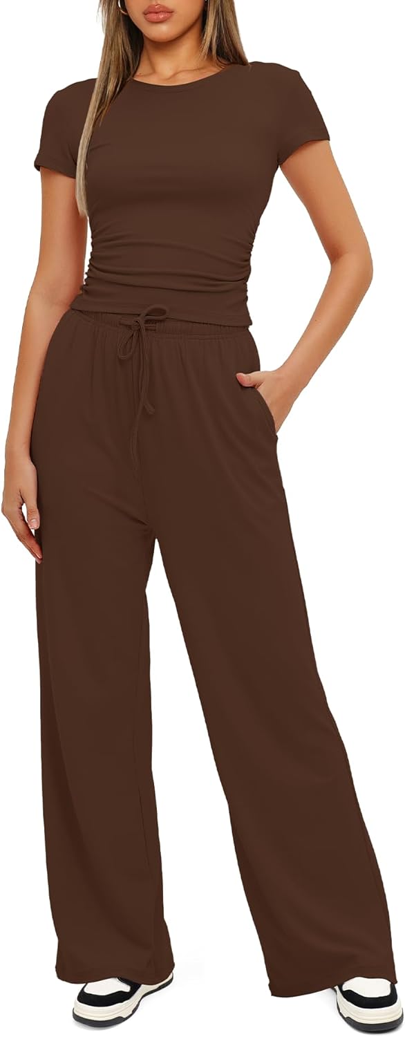Darong - Conjunto de 2 piezas para mujer, conjuntos de pijama de manga corta fruncida y pantalones de pierna ancha de cintura alta