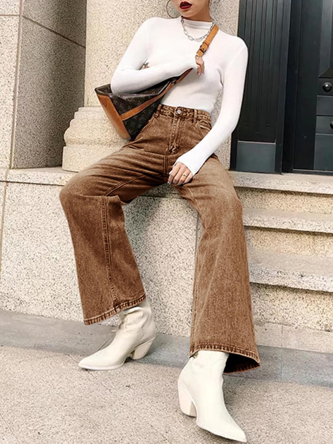 HDLTE Pantalones de Mezclilla Rasgados para Mujer, Pantalones de Mezclilla Holgados de Cintura Alta, Pantalones Rectos de Pierna Ancha, Pantalones de Calle Y2k