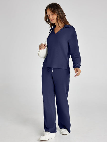 Glamaker - Conjunto de 2 piezas para mujer, estilo casual, manga larga, sudadera tipo polo y pantalones anchos a juego