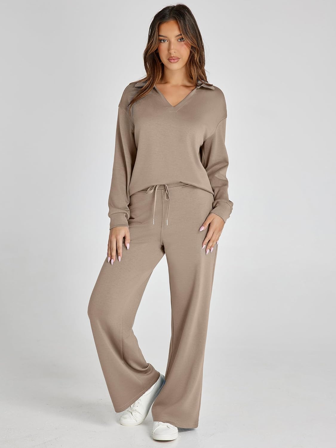 Glamaker - Conjunto de 2 piezas para mujer, estilo casual, manga larga, sudadera tipo polo y pantalones anchos a juego