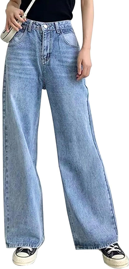 HDLTE Pantalones de Mezclilla Rasgados para Mujer, Pantalones de Mezclilla Holgados de Cintura Alta, Pantalones Rectos de Pierna Ancha, Pantalones de Calle Y2k