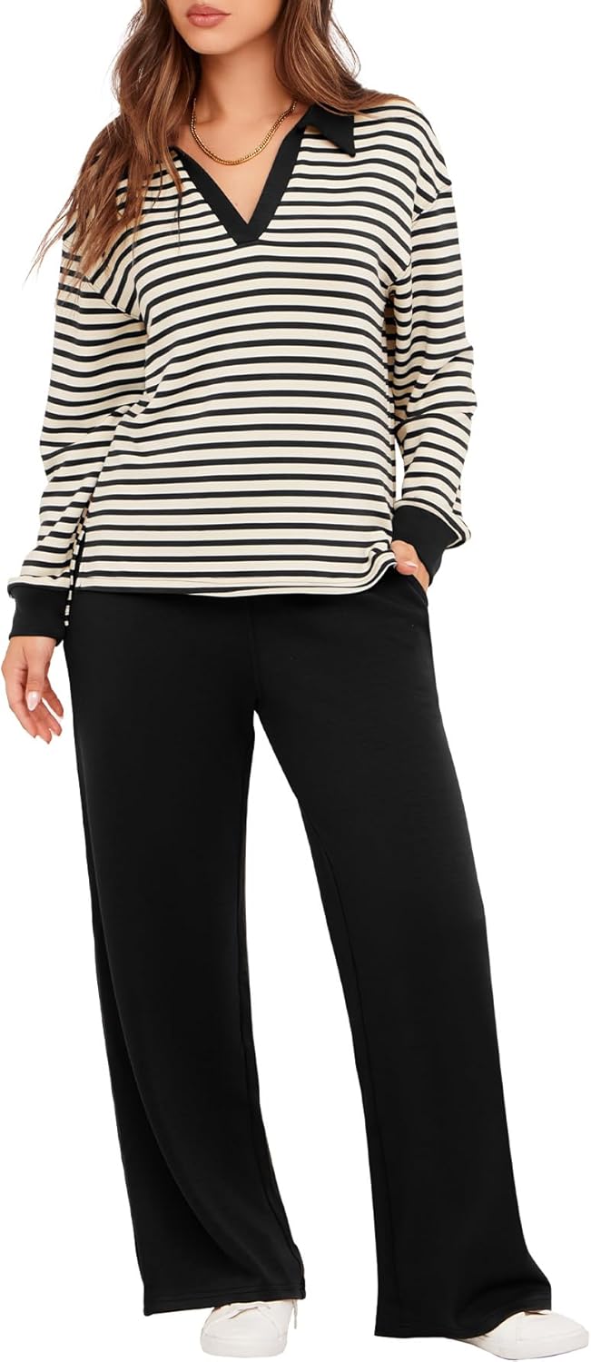 Glamaker - Conjunto de 2 piezas para mujer, estilo casual, manga larga, sudadera tipo polo y pantalones anchos a juego