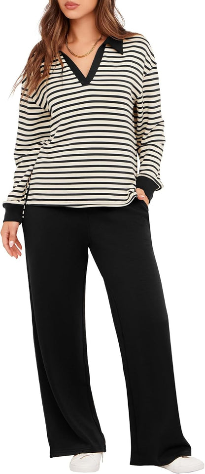 Glamaker - Conjunto de 2 piezas para mujer, estilo casual, manga larga, sudadera tipo polo y pantalones anchos a juego