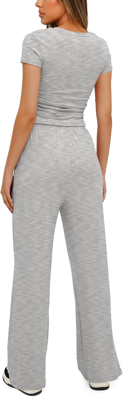 Darong - Conjunto de 2 piezas para mujer, conjuntos de pijama de manga corta fruncida y pantalones de pierna ancha de cintura alta