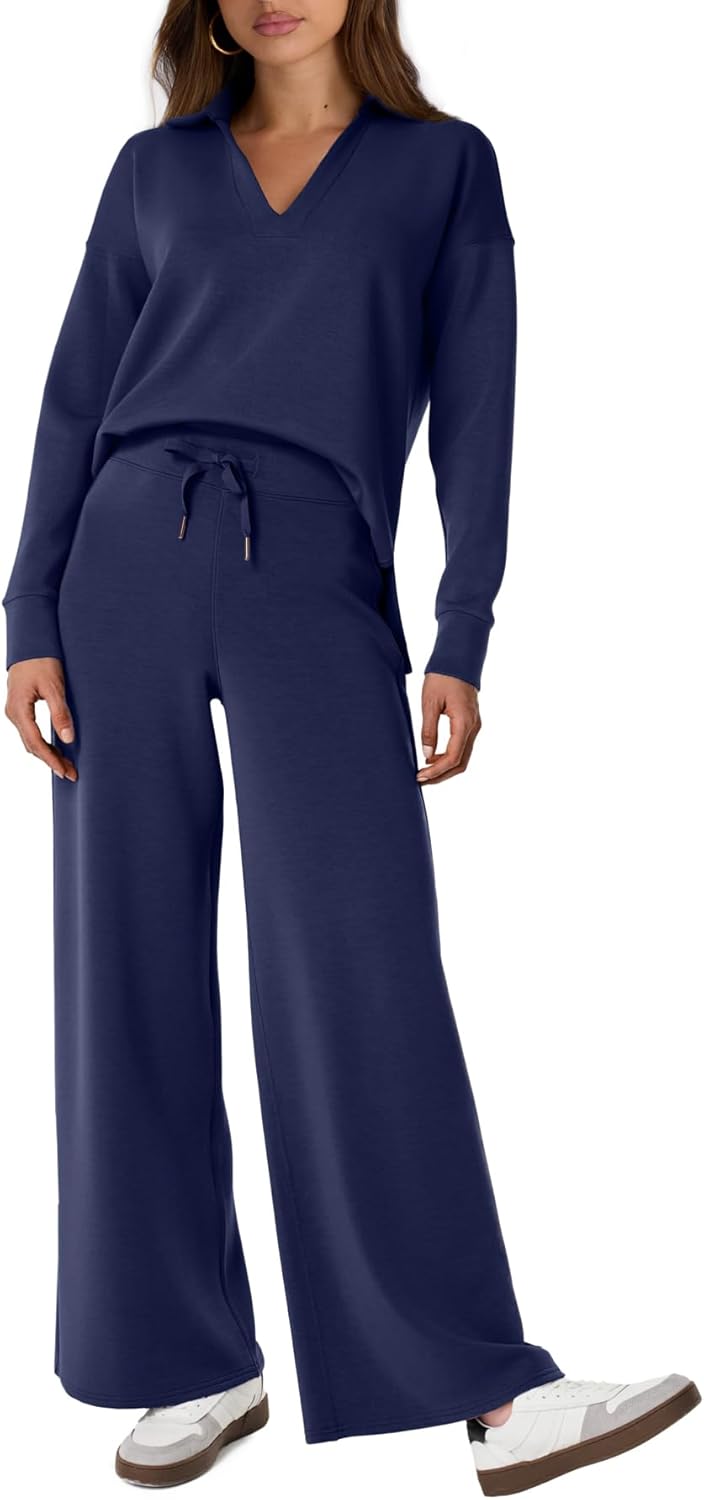 Glamaker - Conjunto de 2 piezas para mujer, estilo casual, manga larga, sudadera tipo polo y pantalones anchos a juego