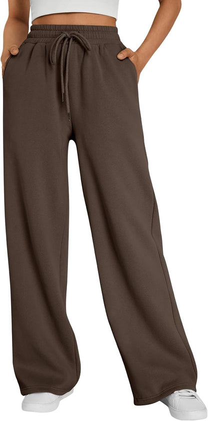 Trendy Queen - Pantalones deportivos de pierna ancha para mujer, pantalones holgados de cintura alta, con cordón, atléticos, acampanados, con bolsillos