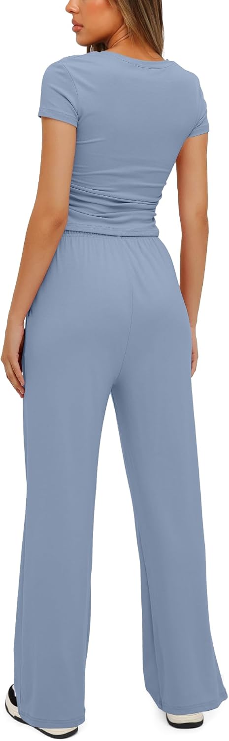 Darong - Conjunto de 2 piezas para mujer, conjuntos de pijama de manga corta fruncida y pantalones de pierna ancha de cintura alta