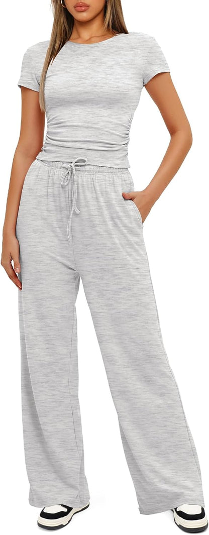 Darong - Conjunto de 2 piezas para mujer, conjuntos de pijama de manga corta fruncida y pantalones de pierna ancha de cintura alta