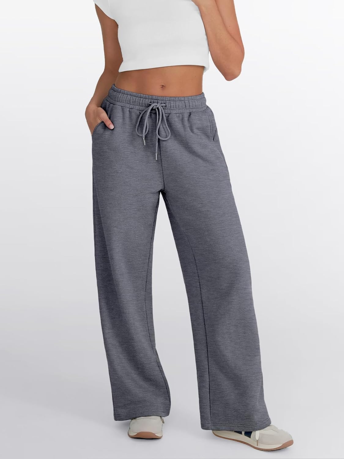 Trendy Queen - Pantalones deportivos de pierna ancha para mujer, pantalones holgados de cintura alta, con cordón, atléticos, acampanados, con bolsillos