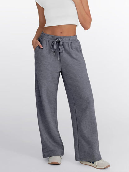 Trendy Queen - Pantalones deportivos de pierna ancha para mujer, pantalones holgados de cintura alta, con cordón, atléticos, acampanados, con bolsillos