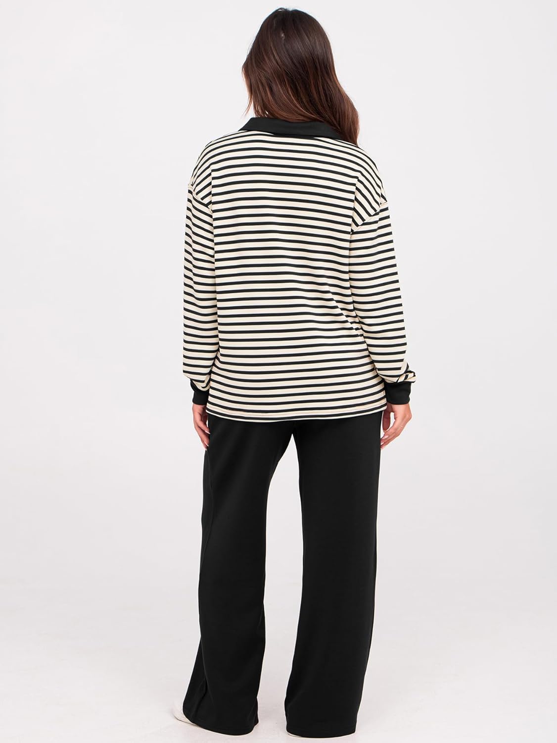 Glamaker - Conjunto de 2 piezas para mujer, estilo casual, manga larga, sudadera tipo polo y pantalones anchos a juego
