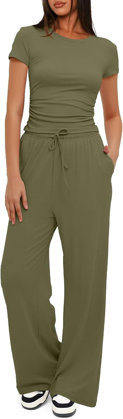 Darong - Conjunto de 2 piezas para mujer, conjuntos de pijama de manga corta fruncida y pantalones de pierna ancha de cintura alta