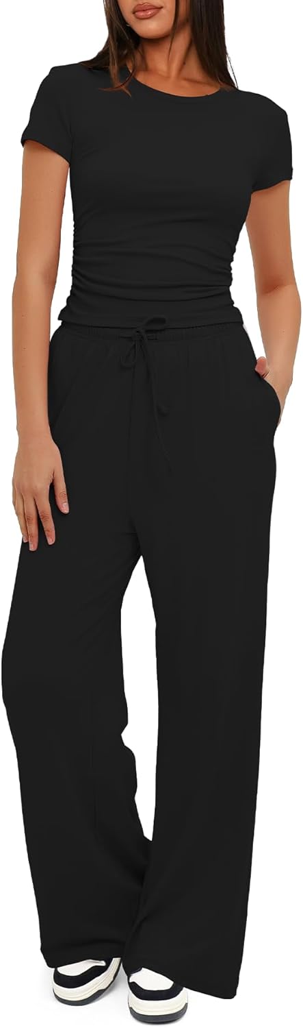 Darong - Conjunto de 2 piezas para mujer, conjuntos de pijama de manga corta fruncida y pantalones de pierna ancha de cintura alta