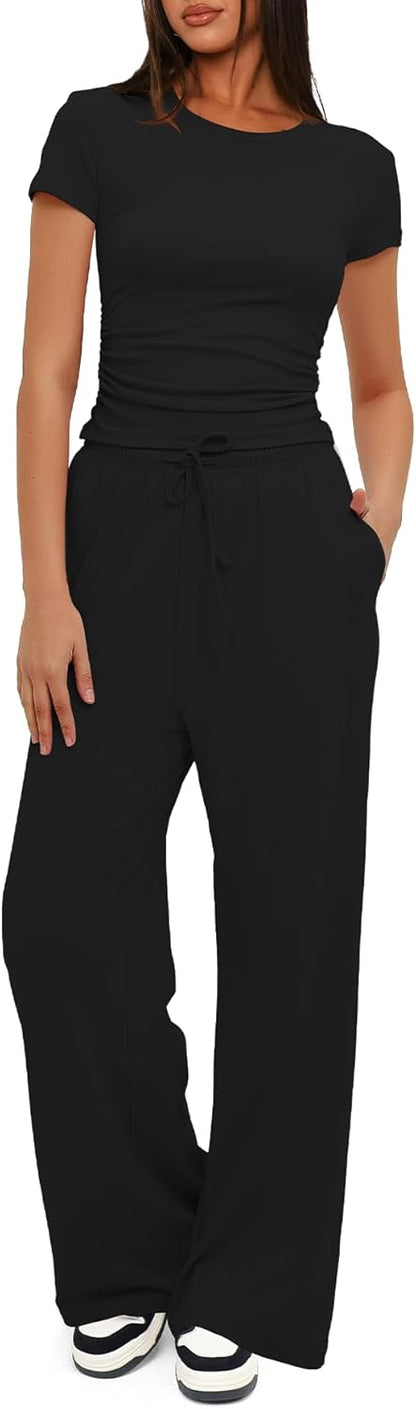 Darong - Conjunto de 2 piezas para mujer, conjuntos de pijama de manga corta fruncida y pantalones de pierna ancha de cintura alta