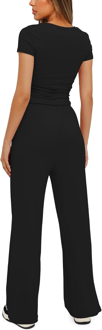Darong - Conjunto de 2 piezas para mujer, conjuntos de pijama de manga corta fruncida y pantalones de pierna ancha de cintura alta