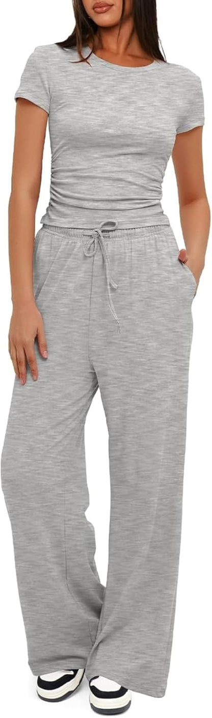 Darong - Conjunto de 2 piezas para mujer, conjuntos de pijama de manga corta fruncida y pantalones de pierna ancha de cintura alta