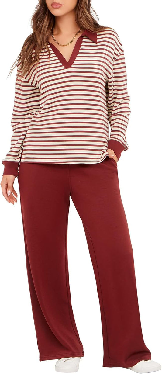 Glamaker - Conjunto de 2 piezas para mujer, estilo casual, manga larga, sudadera tipo polo y pantalones anchos a juego