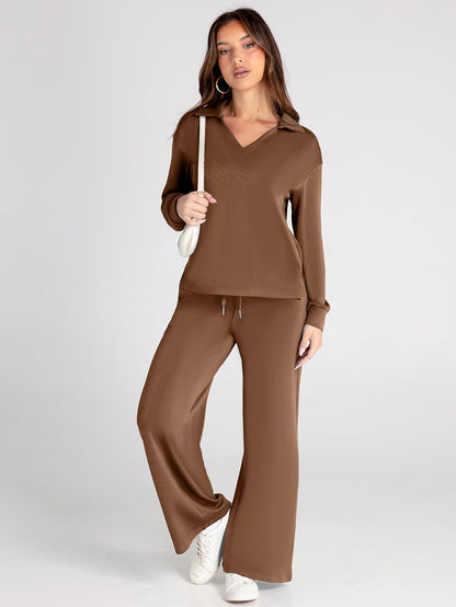 Glamaker - Conjunto de 2 piezas para mujer, estilo casual, manga larga, sudadera tipo polo y pantalones anchos a juego