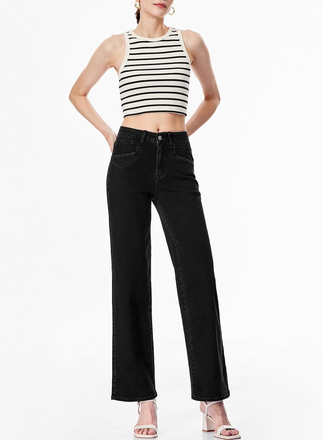 SIDEFEEL Women's Wide Leg Jeans High Waisted Stretchy Jeans Straight Leg Ankle Denim Pants with Slant Pockets