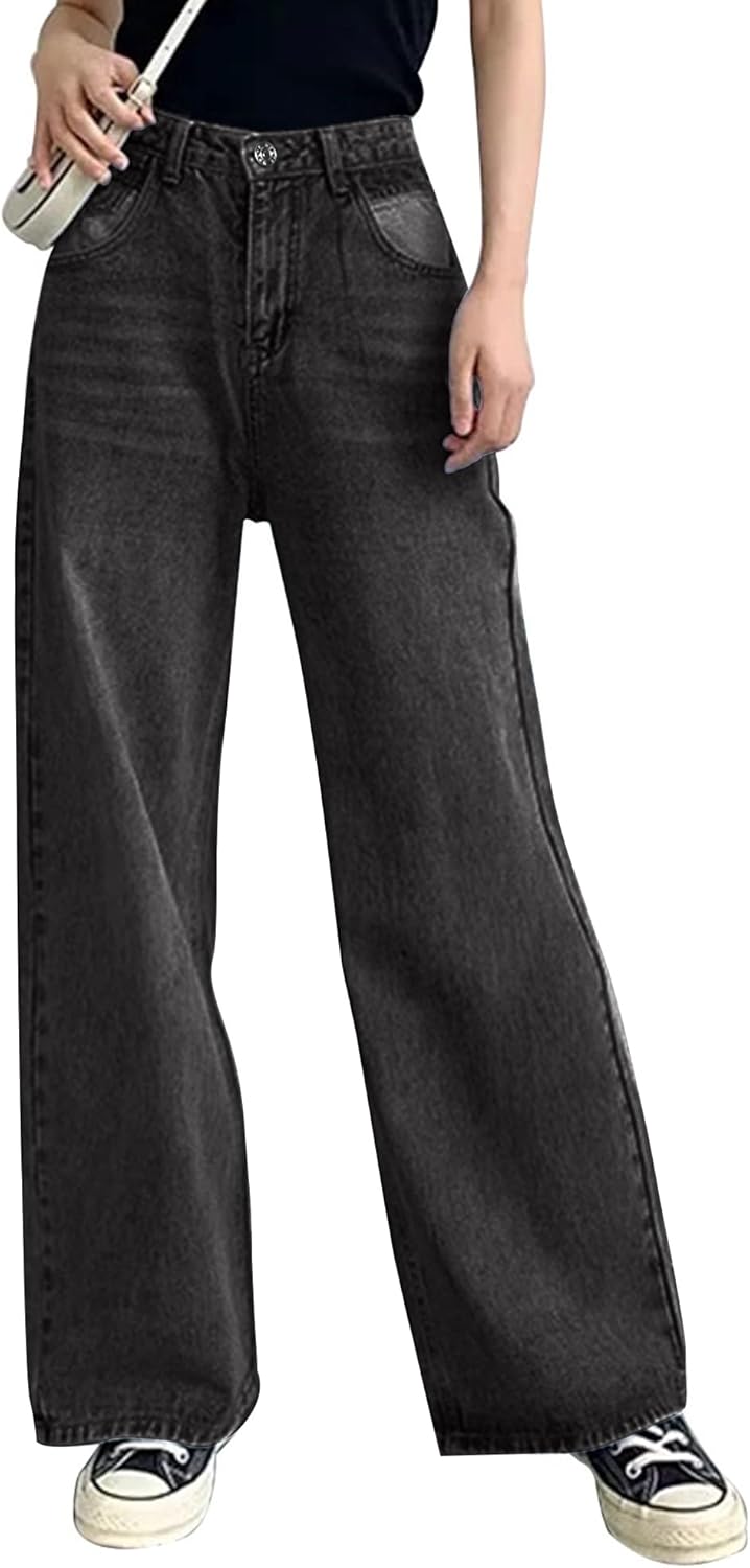HDLTE Pantalones de Mezclilla Rasgados para Mujer, Pantalones de Mezclilla Holgados de Cintura Alta, Pantalones Rectos de Pierna Ancha, Pantalones de Calle Y2k