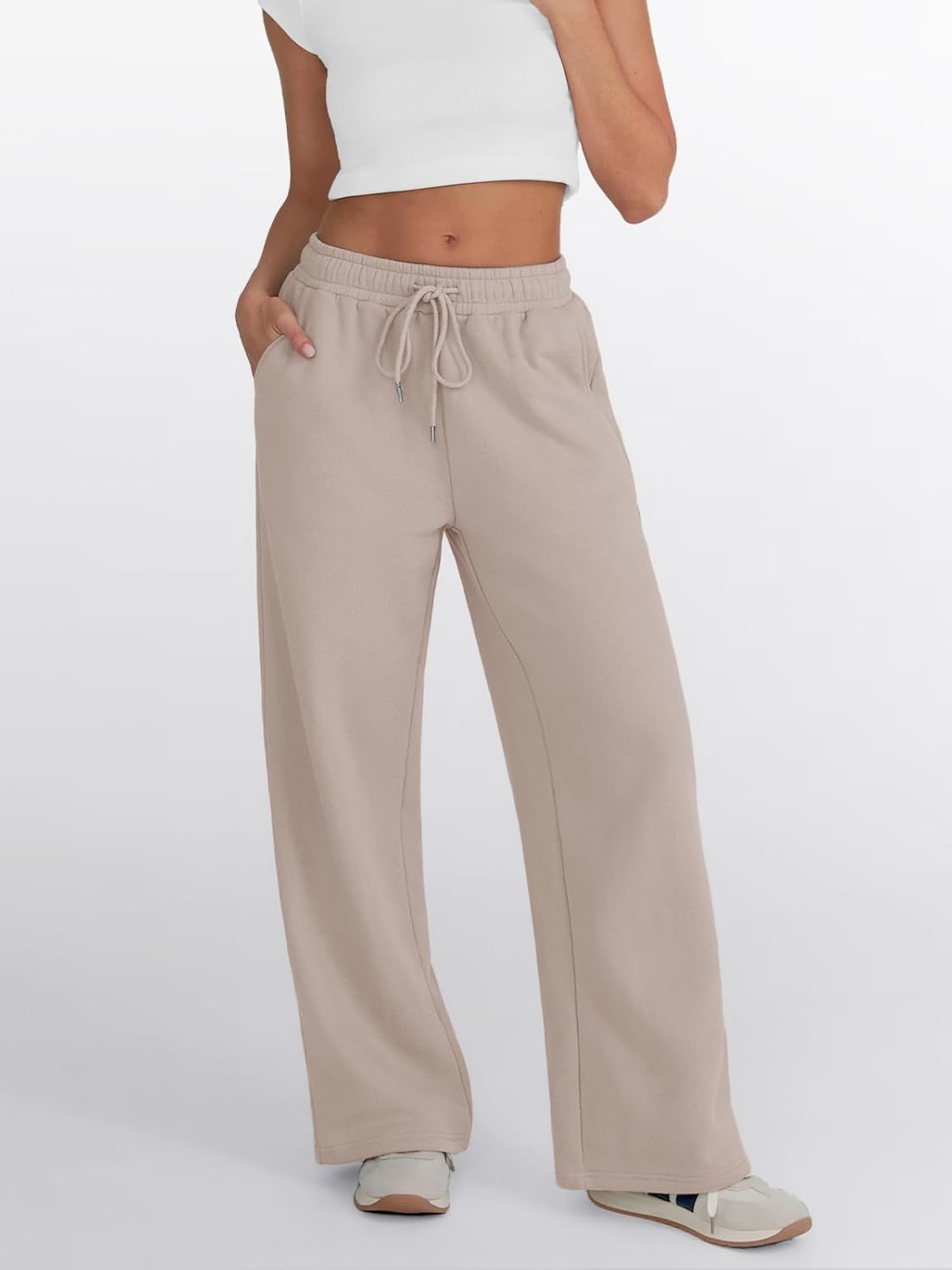 Trendy Queen - Pantalones deportivos de pierna ancha para mujer, pantalones holgados de cintura alta, con cordón, atléticos, acampanados, con bolsillos