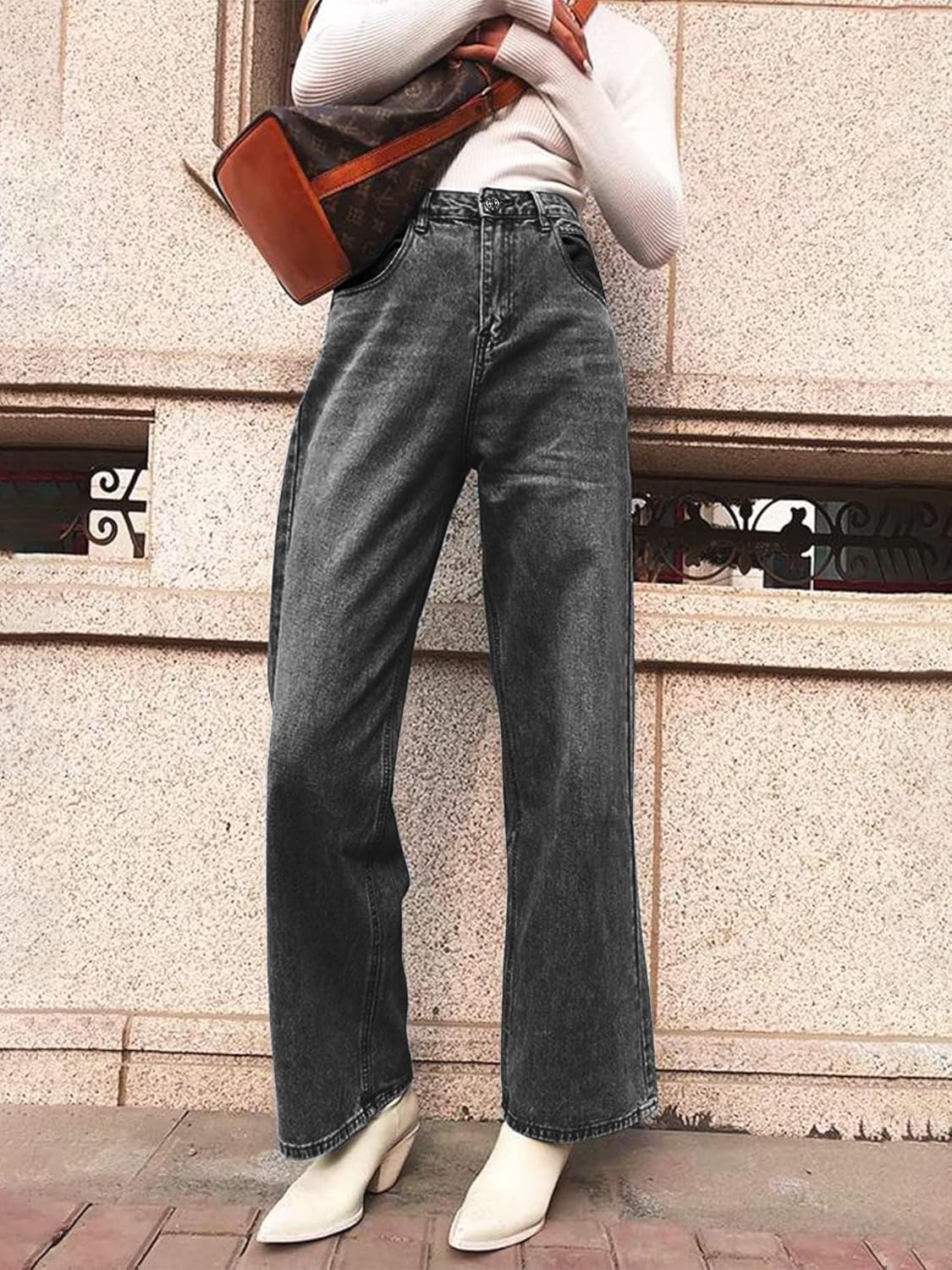 HDLTE Pantalones de Mezclilla Rasgados para Mujer, Pantalones de Mezclilla Holgados de Cintura Alta, Pantalones Rectos de Pierna Ancha, Pantalones de Calle Y2k