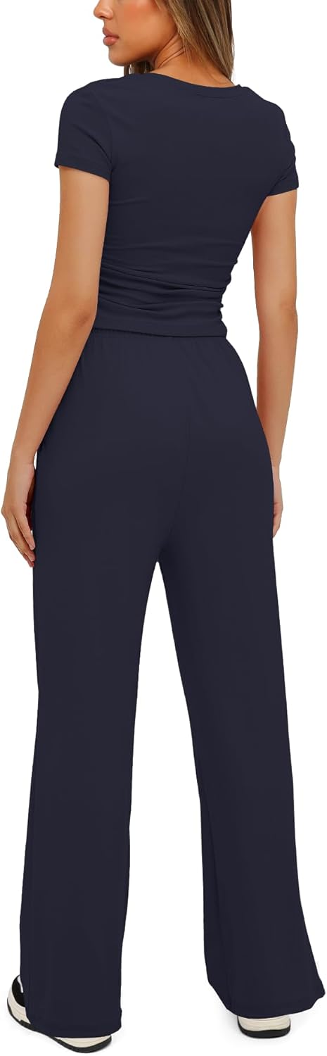 Darong - Conjunto de 2 piezas para mujer, conjuntos de pijama de manga corta fruncida y pantalones de pierna ancha de cintura alta