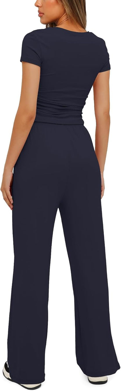 Darong - Conjunto de 2 piezas para mujer, conjuntos de pijama de manga corta fruncida y pantalones de pierna ancha de cintura alta