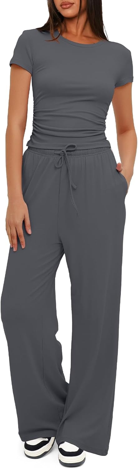 Darong - Conjunto de 2 piezas para mujer, conjuntos de pijama de manga corta fruncida y pantalones de pierna ancha de cintura alta