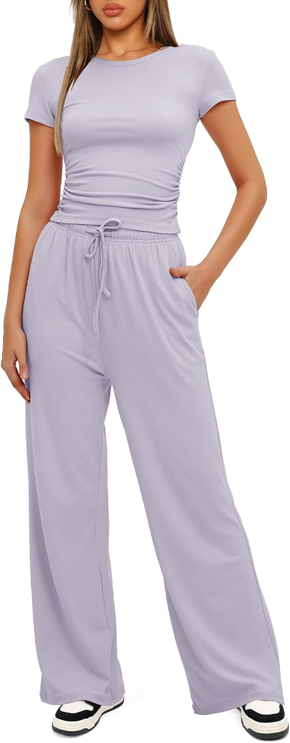 Darong - Conjunto de 2 piezas para mujer, conjuntos de pijama de manga corta fruncida y pantalones de pierna ancha de cintura alta