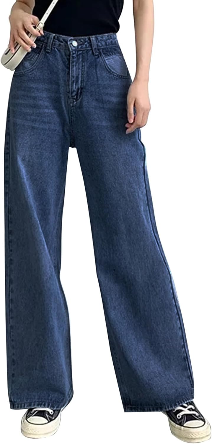 HDLTE Pantalones de Mezclilla Rasgados para Mujer, Pantalones de Mezclilla Holgados de Cintura Alta, Pantalones Rectos de Pierna Ancha, Pantalones de Calle Y2k