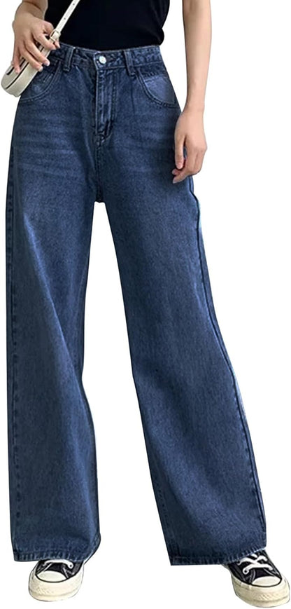 HDLTE Pantalones de Mezclilla Rasgados para Mujer, Pantalones de Mezclilla Holgados de Cintura Alta, Pantalones Rectos de Pierna Ancha, Pantalones de Calle Y2k