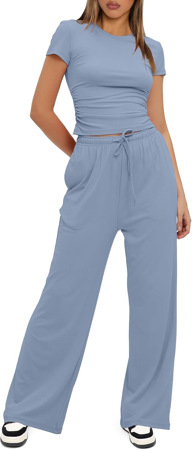 Darong - Conjunto de 2 piezas para mujer, conjuntos de pijama de manga corta fruncida y pantalones de pierna ancha de cintura alta