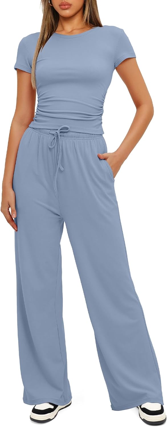 Darong - Conjunto de 2 piezas para mujer, conjuntos de pijama de manga corta fruncida y pantalones de pierna ancha de cintura alta