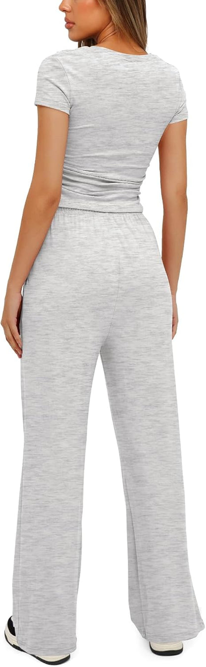 Darong - Conjunto de 2 piezas para mujer, conjuntos de pijama de manga corta fruncida y pantalones de pierna ancha de cintura alta