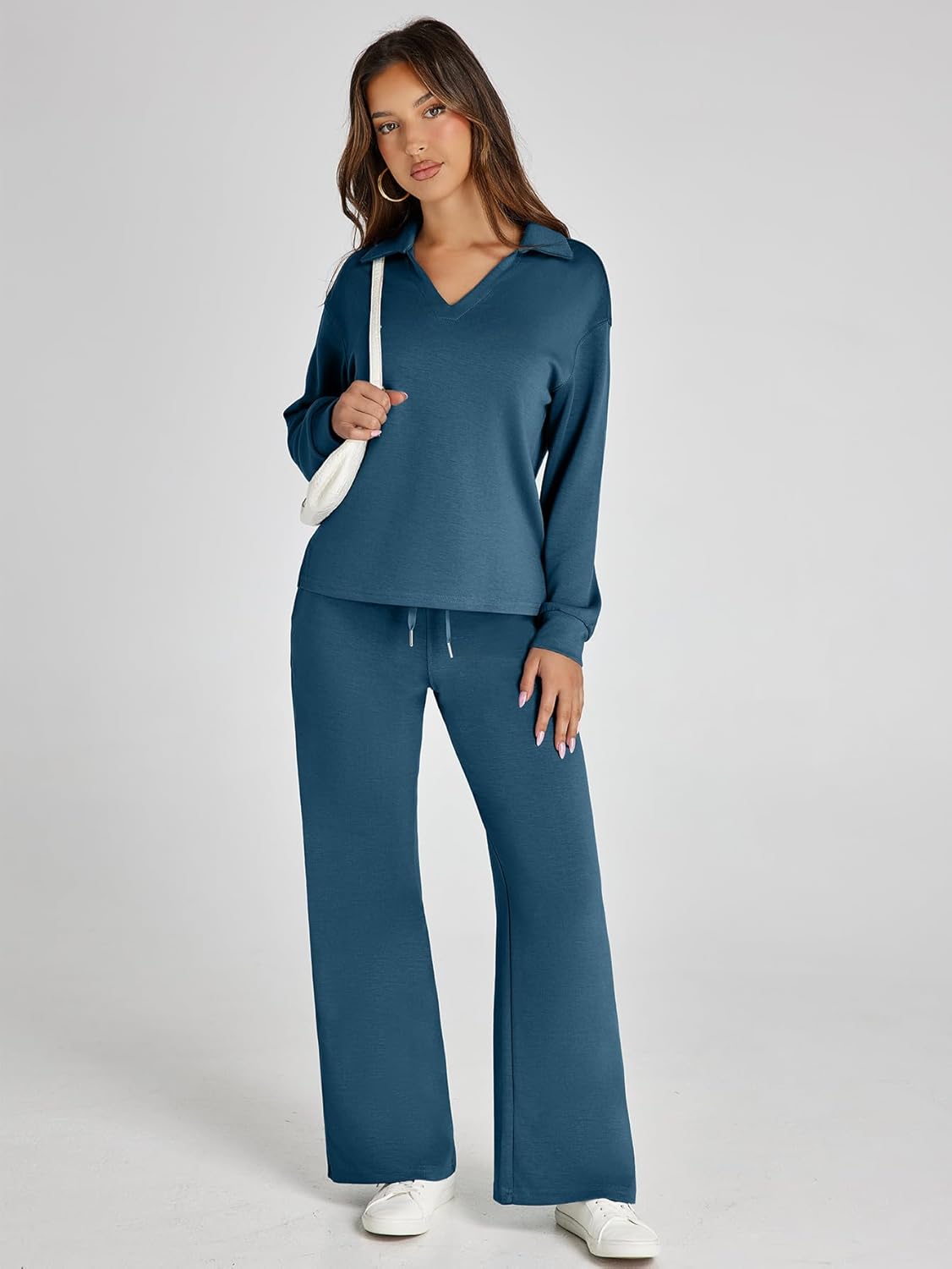 Glamaker - Conjunto de 2 piezas para mujer, estilo casual, manga larga, sudadera tipo polo y pantalones anchos a juego